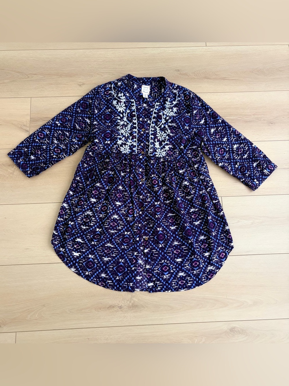 Lucky Brand Womens Large Purple Button Front Tunic Dress 3/4 Sleeve embroidered